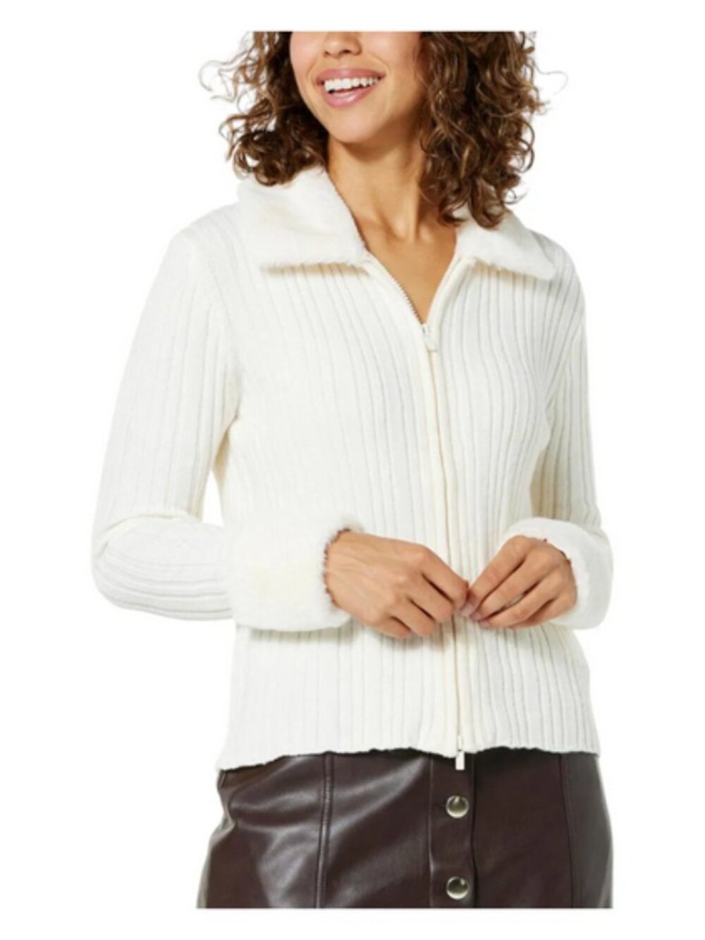 Kathy Ireland Women's Fashion360 Natalie FauxFur Trimmed Sweater Ivory Size 2X